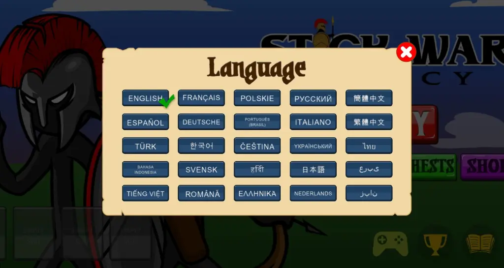 Languages offered in Stick War Legacy Game